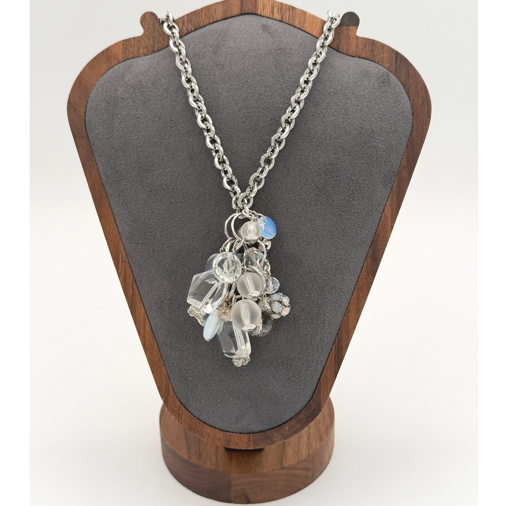 Loft Silver Tone Cluster Pendant Necklace Clear Frosted Beaded Statement 32 In